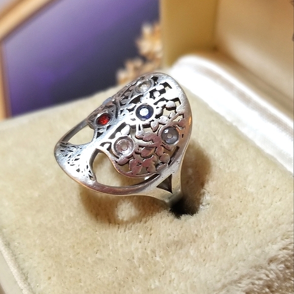 Vintage Tree of Life Multi Sapphire Sterling Ring - Picture 3 of 8